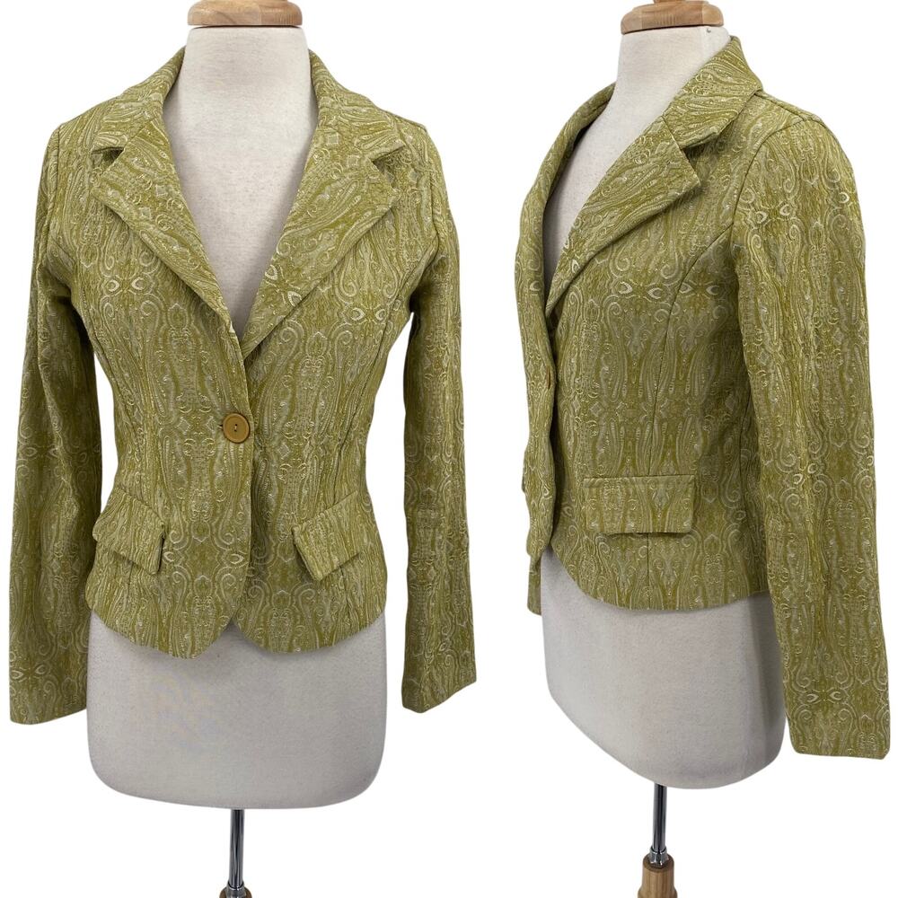 Vintage Y2k Forever 21 Jacquard Paisley Blazer Single Button Chartreuse Green M